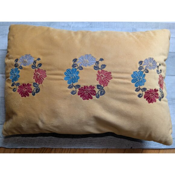 Vintage Floral Embroidered Pillow Yellow & Blue Velour 19x13 Rectangular Cushion - Picture 4 of 6